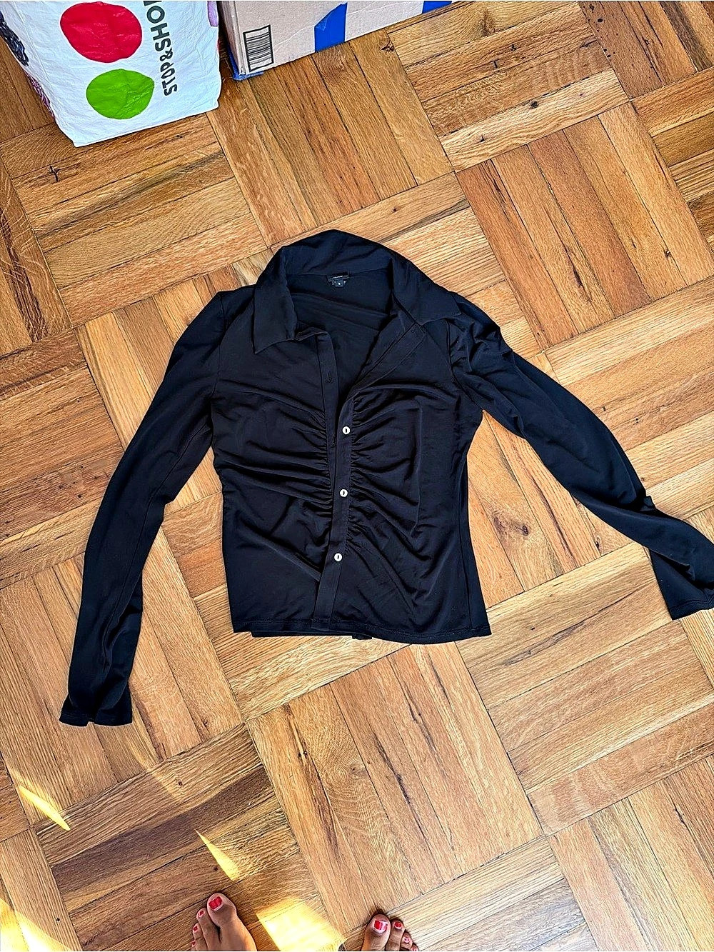 Black Ruched Button Front Top - Picture 2 of 4